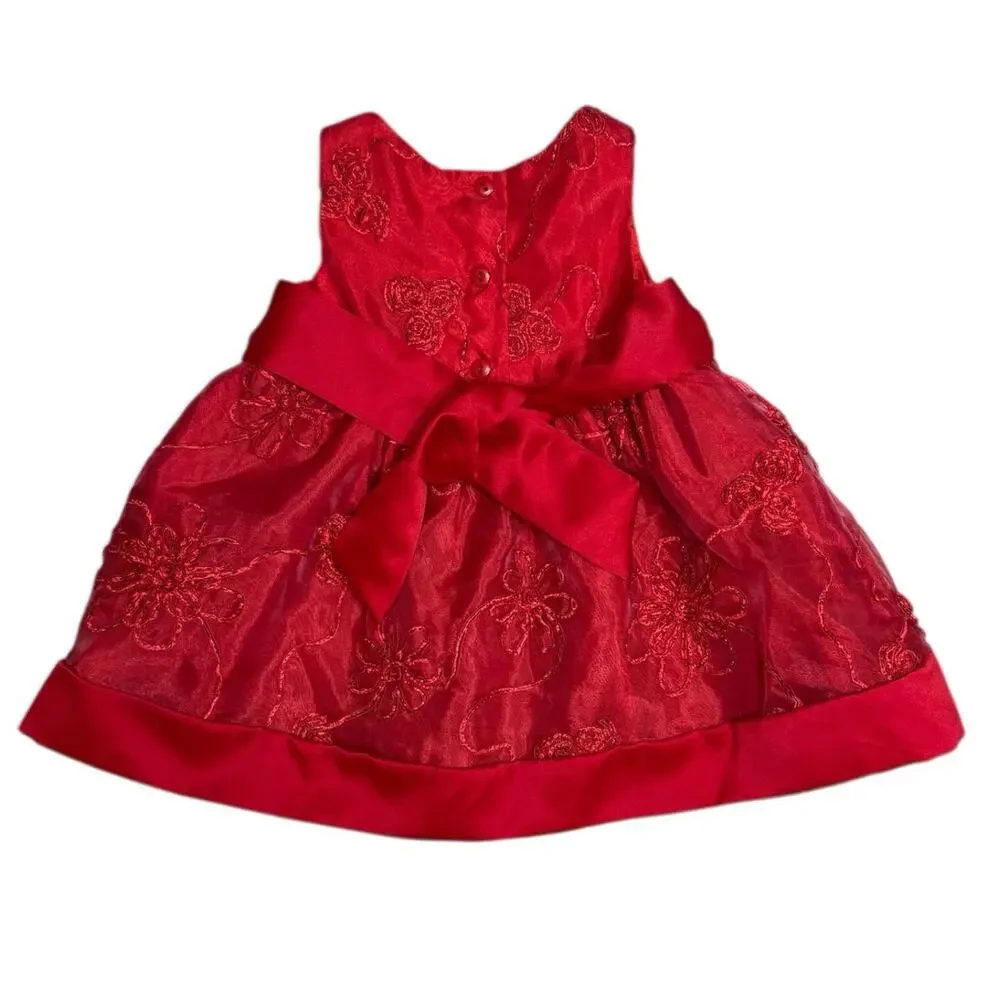 1st Christmas Dress Girls Infants Sz 6-9 Mo. Red Back Tie/‎ Button Christmas EUC